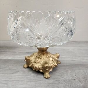 Vintage Crystal Footed Bowl Ornate Gold Pedestal Centerpiece Hollywood  Regency